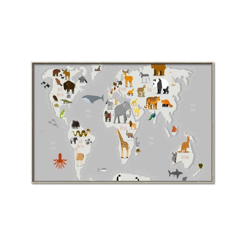 Picture of Animals Map Grey _GroupedProduct_Rectangle_Landscape_Canvas_Framed_