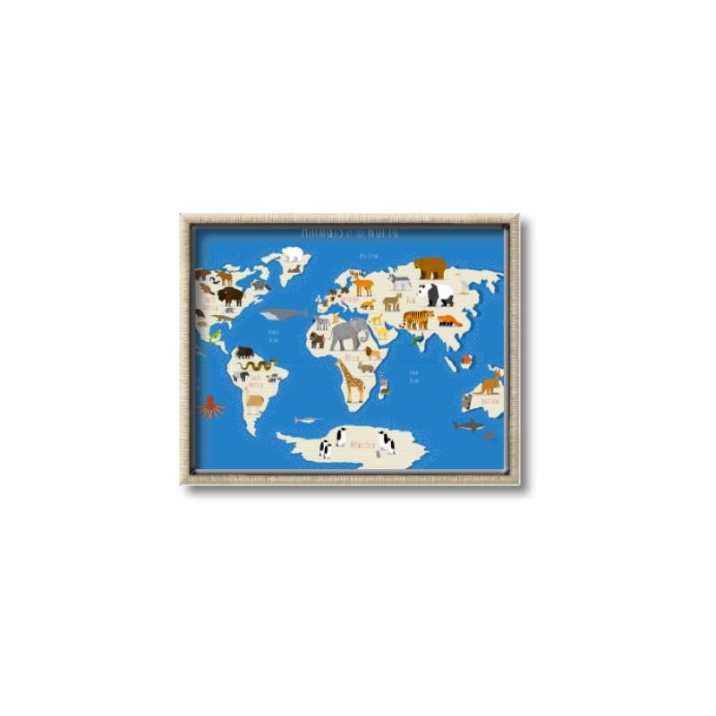 Picture of Animals Map Blue _GroupedProduct_Rectangle_Landscape_Canvas_Framed_
