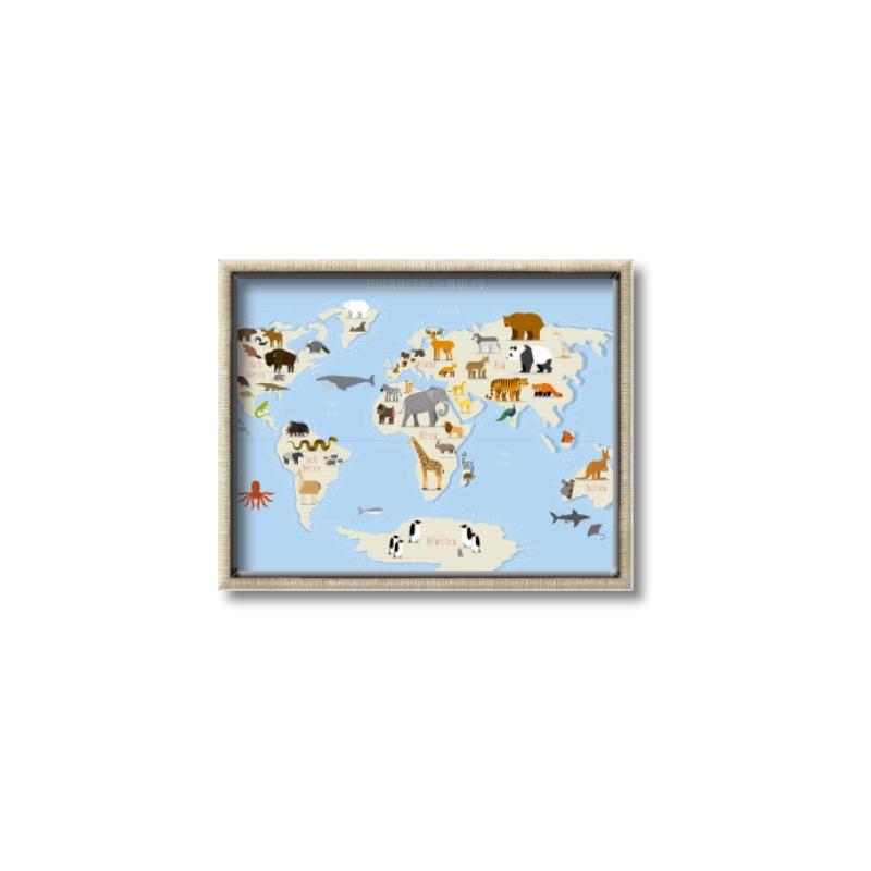 Picture of Animals Map Light Blue _GroupedProduct_Rectangle_Landscape_Canvas_Framed_