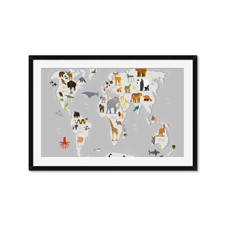 Picture of Animals Map Grey _GroupedProduct_Rectangle_Landscape_Framed_Matted_