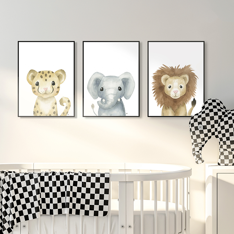 Art-nursery-kidsbedroom-animals-cute-elephants lions-cheetahs-